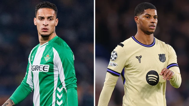 Antony wearing a green and white shirt (left) and Marcus Rashford wearing a cream Barcelona shirt (right)