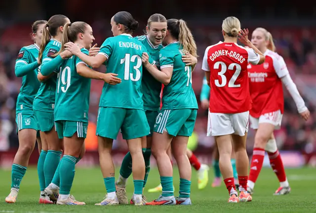 Beata Olsson of Liverpool celebrates scoring her team's first goal with teammates during the Barclays Women's Super League match between Arsenal and Liverpool at Emirates Stadium on December 06, 2025 in London, England.