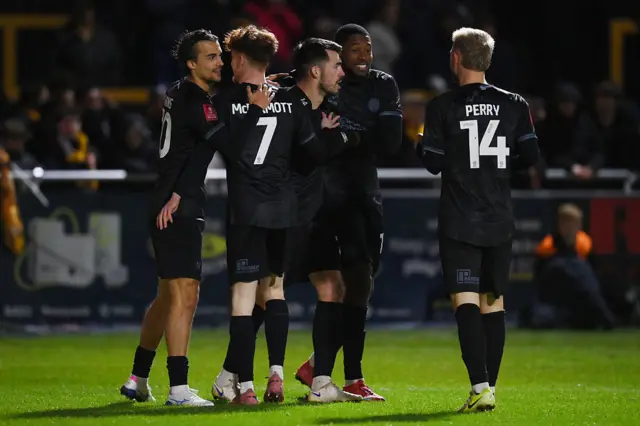 Shrewsbury celebrate John Marquis' goal that gave them the lead at Sutton
