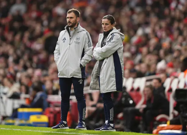 Arsenal manager Renee Slegers (right) during the Barclays Women's Super League match at the Emirates Stadium, London.