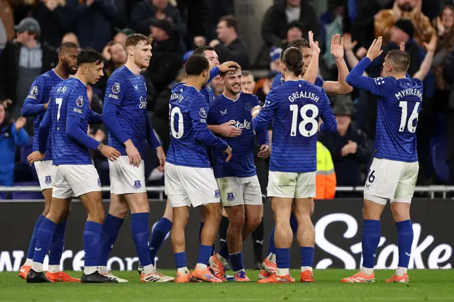 Kiernan Dewsbury-Hall of Everton celebrates scoring his team's third goal with teammates