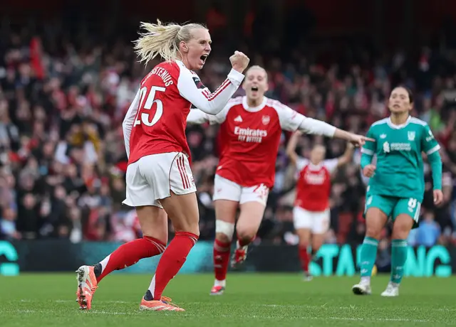 Stina Blackstenius of Arsenal celebrates scoring her team's second goal during the Barclays Women's Super League match between Arsenal and Liverpool at Emirates Stadium on December 06, 2025 in London, England.