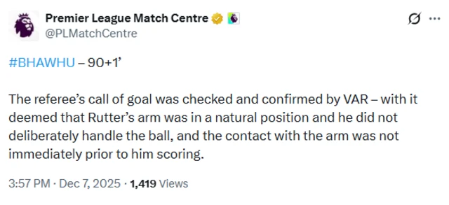 Premier League Match Centre on X: "The referee's call of goal was checked and confirmed by VAR - with it deemed that Rutter's arm was in a natural position and he did not deliberately handle the ball, and the contact with the arm was not immediately prior to him scoring."