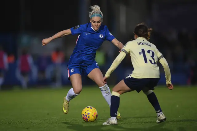 Ellie Carpenter of Chelsea in action during the Barclays Women's Super League match between Chelsea FC and Everton at Kingsmeadow on December 07, 2025 in Kingston upon Thames, England.