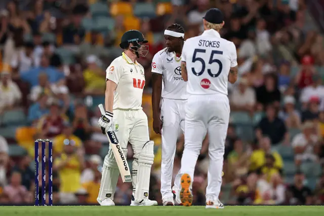 Jofra Archer and Steve Smith exchange words