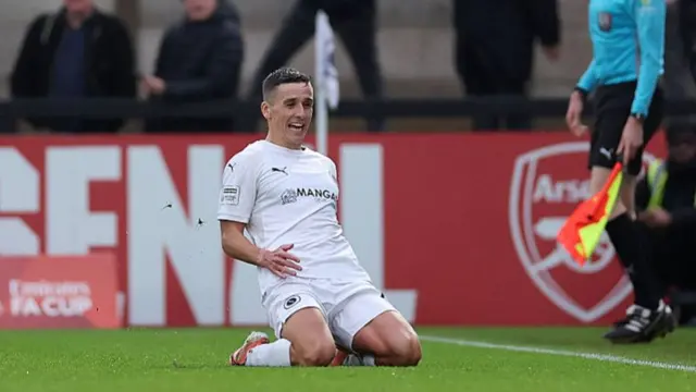 Boreham Wood's Jeff King celebrates giving his side the lead against Newport County