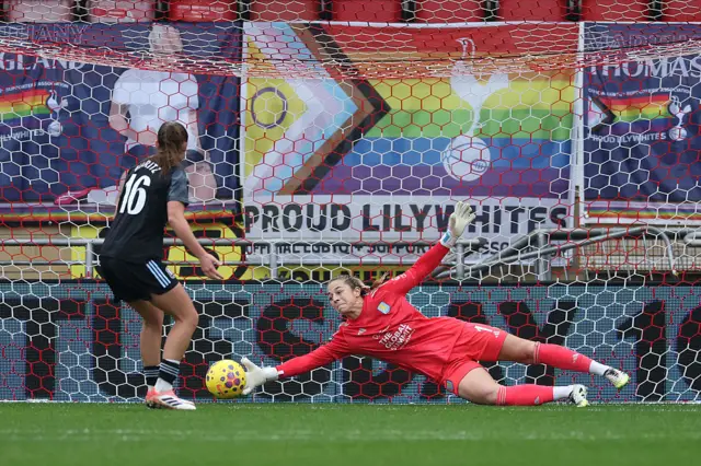 Sabrina D'Angelo of Aston Villa makes a save during the Barclays Women's Super League match between Tottenham Hotspur and Aston Villa at BetWright Stadium on December 07, 2025 in London, England.