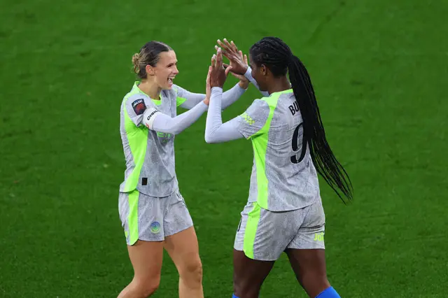 Khadija Shaw of Manchester City celebrates scoring her team's second goal during the Barclays Women's Super League match between Leicester City and Manchester City at The King Power Stadium on December 07, 2025 in Leicester, England.