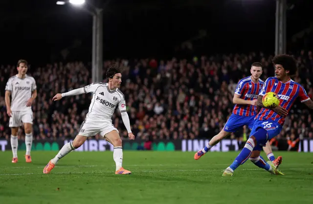 Harry Wilson of Fulham scores his team's first goal during the Premier League match between Fulham and Crystal Palace at Craven Cottage on December 07, 2025 in London, England.
