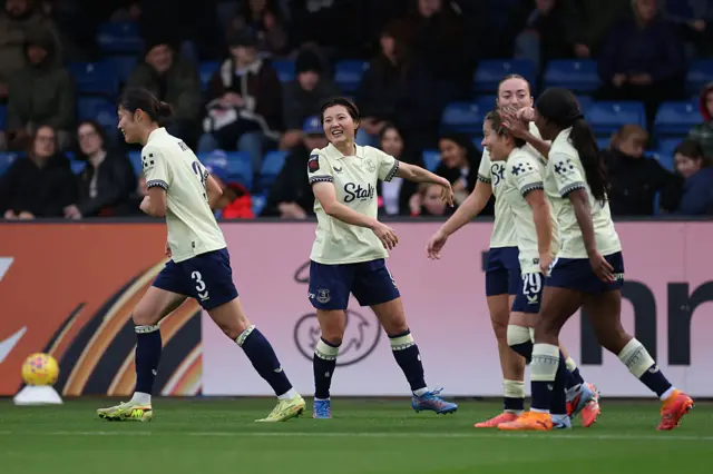 Honoka Hayashi (C) of Everton celebrates scoring her team's first goal during the Barclays Women's Super League match between Chelsea FC and Everton at Kingsmeadow on December 07, 2025 in Kingston upon Thames, England.