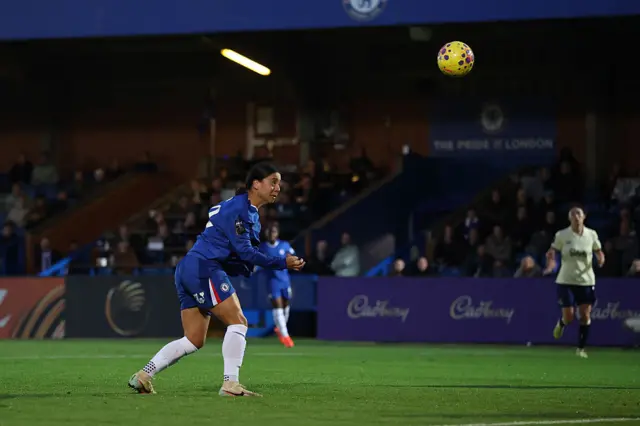 Sam Kerr of Chelsea misses a chance during the Barclays Women's Super League match between Chelsea FC and Everton at Kingsmeadow on December 07, 2025 in Kingston upon Thames, England.