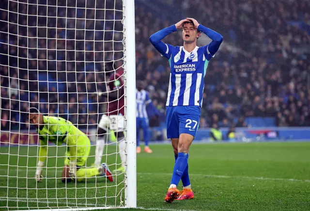 Mats Wieffer of Brighton & Hove Albion reacts after a missed chance during the Premier League match between Brighton & Hove Albion and West Ham United at Amex Stadium on December 07, 2025 in Brighton, England.
