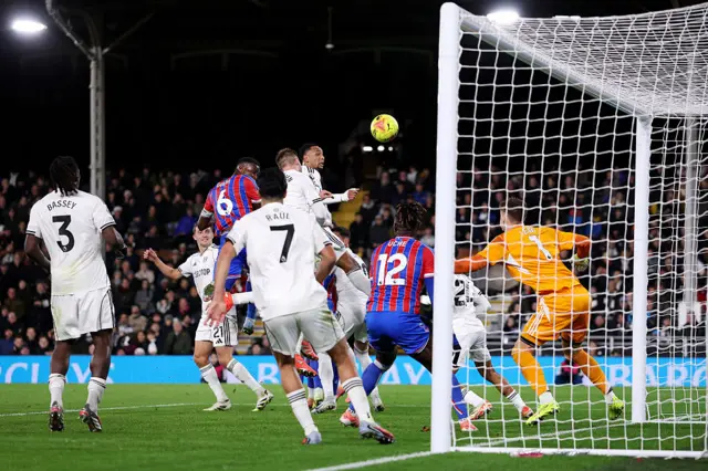 Marc Guehi of Crystal Palace scores his team's second goal during the Premier League match between Fulham and Crystal Palace at Craven Cottage on December 07, 2025 in London, England.