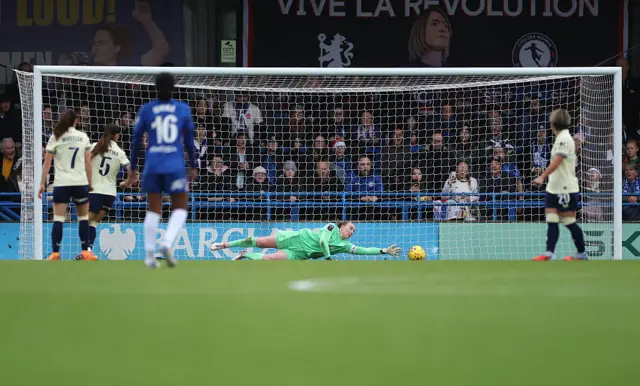 Courtney Brosnan of Everton makes a save from Catarina Macario (not pictured) of Chelsea during the Barclays Women's Super League match between Chelsea FC and Everton at Kingsmeadow on December 07, 2025
