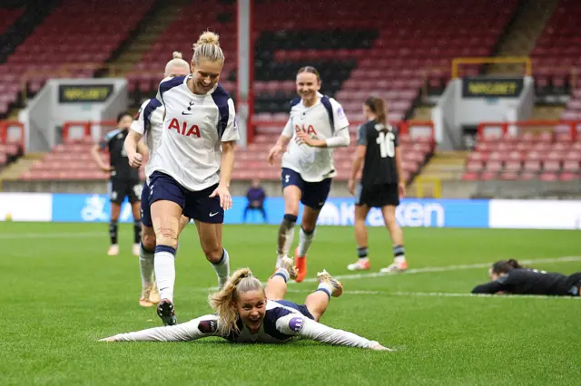 Olivia Holdt of Tottenham Hotspur celebrates scoring her team's second goal during the Barclays Women's Super League match between Tottenham Hotspur and Aston Villa at BetWright Stadium on December 07, 2025 in London, England.