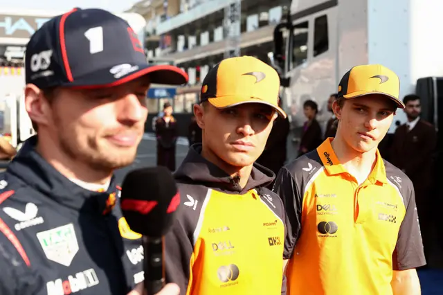 Max Verstappen, Lando Norris and Oscar Piastri do an interview before the Abu Dhabi Grand Prix
