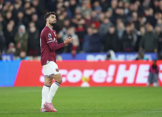 West Ham United's Lucas Paqueta walks off after being sent off during the Premier League match between West Ham United and Liverpool at London Stadium on November 30, 2025 in London, England.