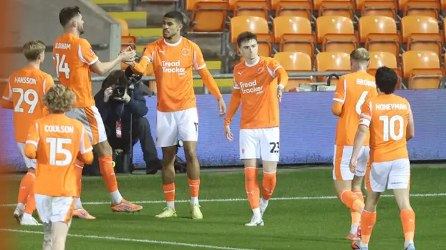 Blackpool celebrate Ashley Fletcher's goal against Carlisle United