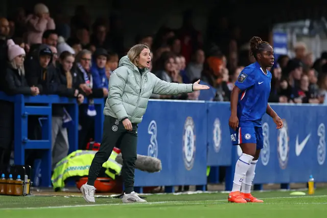 Sonia Bompastor, Manager of Chelsea, reacts during the Barclays Women's Super League match between Chelsea FC and Everton at Kingsmeadow on December 07, 2025 in Kingston upon Thames, England.