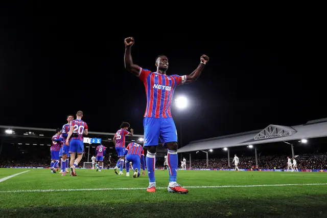 Marc Guehi of Crystal Palace celebrates scoring his team's second goal during the Premier League match between Fulham and Crystal Palace at Craven Cottage on December 07, 2025 in London, England.