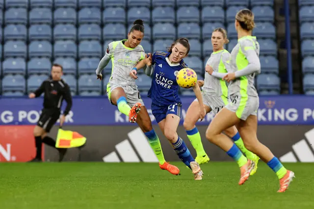 Shannon O'Brien of Leicester City Women in action with Jade Rose of Manchester City Women during the Barclays Women's Super League match between Leicester City Women and Manchester City Women at King Power Stadium on December 7, 2025 in Leicester