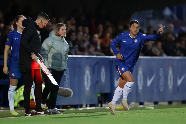 Sam Kerr of Chelsea is substituted on during the Barclays Women's Super League match between Chelsea FC and Everton at Kingsmeadow on December 07, 2025 in Kingston upon Thames, England.