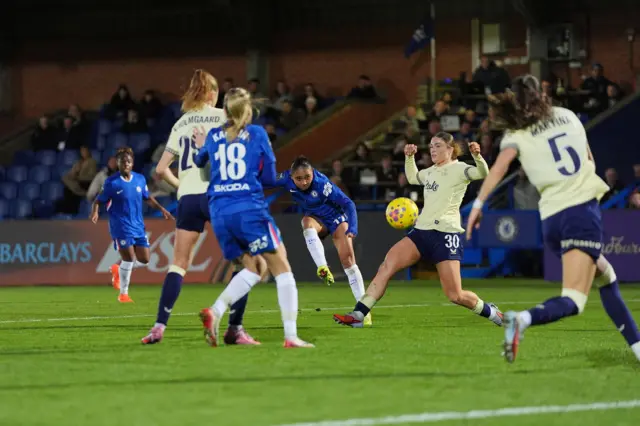 Chelsea's Alyssa Thompson attempts a shot on goal during the Barclays Women's Super League match at Kingsmeadow Stadium, London. Picture date: Sunday December 7, 2025.