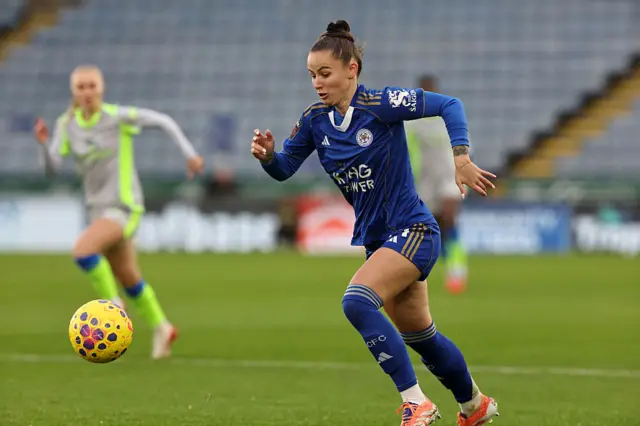 Hannah Cain of Leicester City Women during the Barclays Women's Super League match between Leicester City Women and Manchester City Women at King Power Stadium on December 7, 2025 in Leicester, United Kingdom.