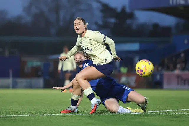 Ruby Mace of Everton battles for possession with Sjoeke Nuesken of Chelsea during the Barclays Women's Super League match between Chelsea FC and Everton at Kingsmeadow on December 07, 2025 in Kingston upon Thames, England.