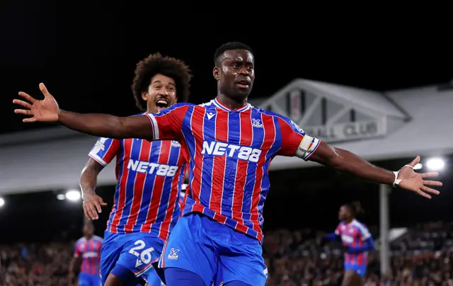 Marc Guehi of Crystal Palace celebrates scoring his team's second goal during the Premier League match between Fulham and Crystal Palace at Craven Cottage on December 07, 2025 in London, England.