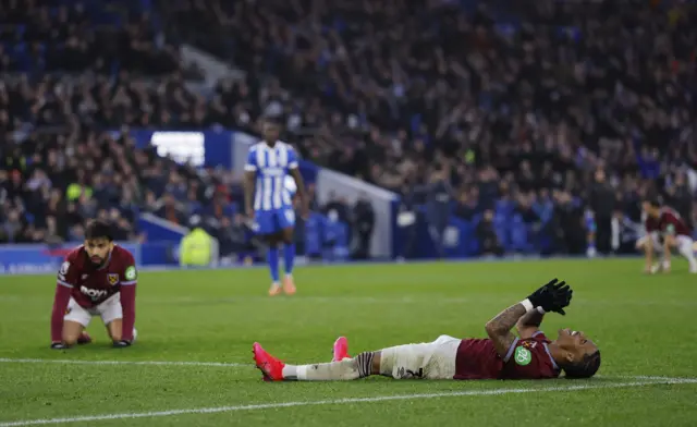 West Ham United's Crysencio Summerville reacts after missing a chance to score