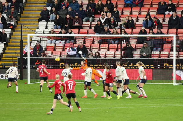 Kinga Szemik of West Ham United fails to save as Dominique Janssen of Manchester United scores her team's second goal during the Barclays Women's Super League match between Manchester United and West Ham United at Progress with Unity Stadium on December 07, 2025 in Leigh, England.