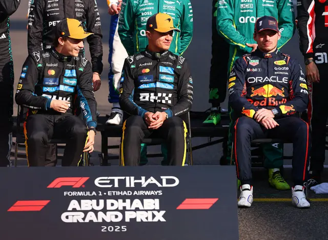 Oscar Piastri, Lando Norris and Max Verstappen take part in the official season photo