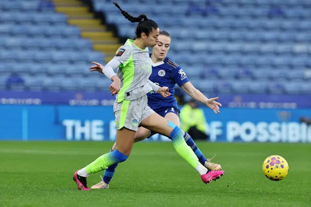 Shannon O'Brien of Leicester City Women in action with Leila Ouahabi of Manchester City Women during the Barclays Women's Super League match between Leicester City Women and Manchester City Women at King Power Stadium on December 7, 2025 in Leicester, United Kingdom.