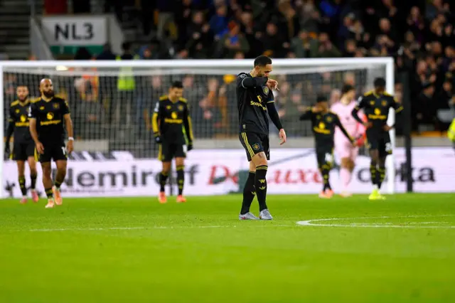Matheus Cunha of Manchester United reacts following a goal by Jean-Ricner Bellegarde of Wolverhampton Wanderers during the Premier League match between Wolverhampton Wanderers and Manchester United at Molineux on December 08