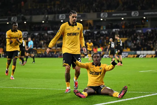 Jean-Ricner Bellegarde of Wolverhampton Wanderers celebrates scoring his team's first goal during the Premier League match between Wolverhampton Wanderers and Manchester United at Molineux on December 08, 2025 in Wolverhampton, England.