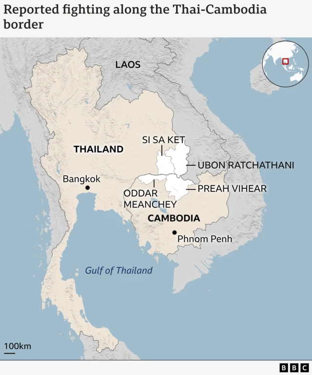 Map showing reported fighting along the Thai-Cambodia border. Thailand and Cambodia are highlighted, with key provinces near the border labeled: Si Sa Ket and Ubon Ratchathani in Thailand, and Oddar Meanchey and Preah Vihear in Cambodia. Major cities Bangkok and Phnom Penh are marked, along with the Gulf of Thailand.