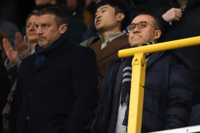 Jeff Shi, Executive Chairman of Wolverhampton Wanderers (R) during the Premier League match between Wolverhampton Wanderers and Manchester United at Molineux on December 08, 2025 in Wolverhampton, England.
