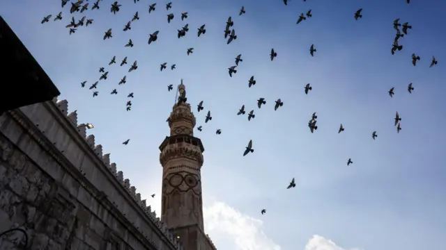 Birds are seen flying near Umayyad's minaret in the Damascus old city