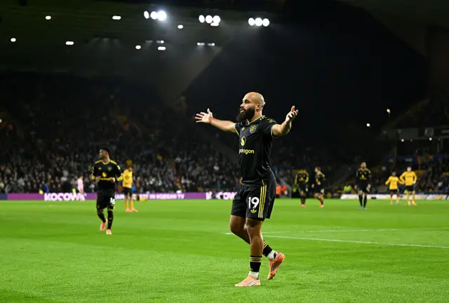 Bryan Mbeumo of Manchester United celebrates scoring his team's second goal during the Premier League match between Wolverhampton Wanderers and Manchester United at Molineux on December 08, 2025 in Wolverhampton, England.