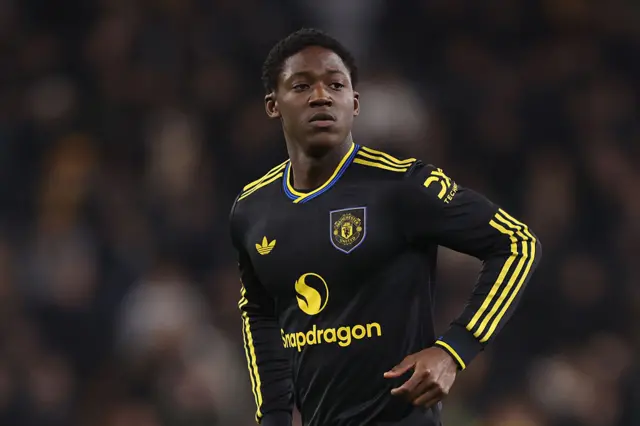 Kobbie Mainoo of Manchester United during the Premier League match between Wolverhampton Wanderers and Manchester United at Molineux on December 08, 2025 in Wolverhampton, England.