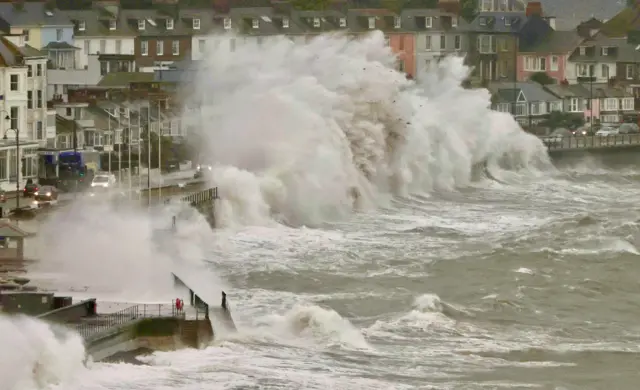 Waves are seen crashing over promenade in Penzance