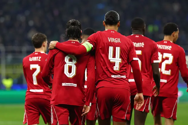 : Dominik Szoboszlai of Liverpool FC celebrates his goal with his team-mates