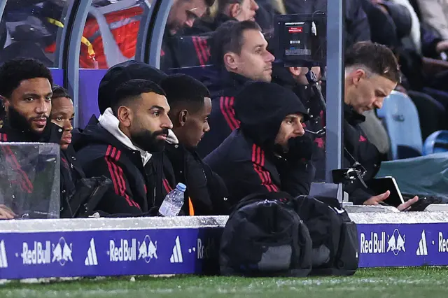 Mohamed Salah sat on the Liverpool bench at Elland Road in the Premier League