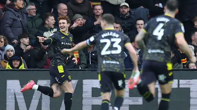 Josh Sargent celebrates his match-winning goal at Watford