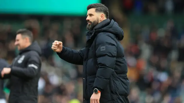 Plymouth manager Miron Muslic clenches his fist in celebration