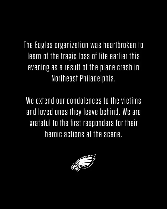 Screenshot of the statement in full, which says "The Eagles organisation was heartbroken to learn of the tragtic loss of life earlier this evening as a result of th eplane crash in Northeast Philadelphia. We extend out condolences to the victims and loved ones they leave behind. We are grateful to the first responders for their heroic actions at the scene.