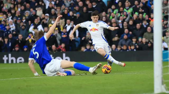 Dan James tees up Brenden Aaronson (out of shot) to score for Leeds