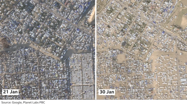 Composite image with left image dated 21 Jan showing aerial view of tent city, and image on right dated 30 Jan showing same view with significantly fewer tents.