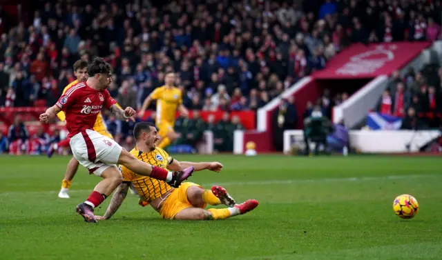 Jota slides in Forest's seventh goal v Brighton